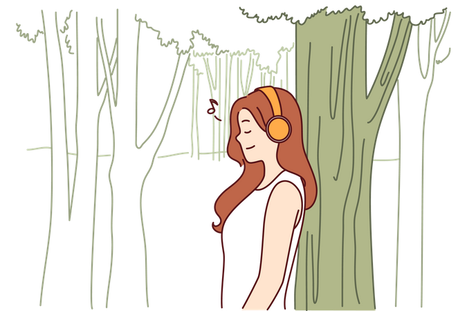 Woman listens to music through headphones standing in park near tall tree and enjoying good weather  Illustration