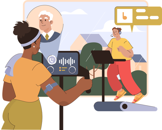 Woman listens to music while exercising in gym  Illustration