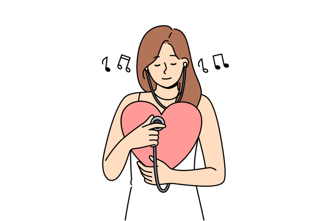 Woman listens to own heart using stethoscope to maintain spiritual harmony and psychological health  Illustration