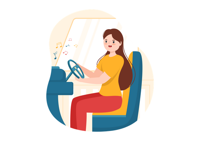 Woman listing music while driving  Illustration
