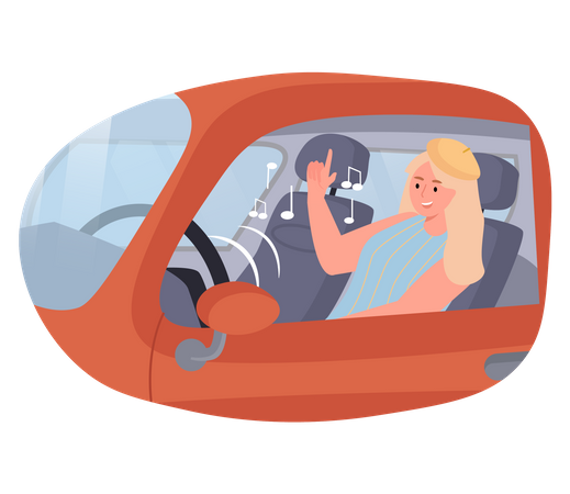 Woman listing song while driving Illustration