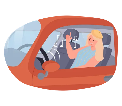 Woman listing song while driving  Illustration