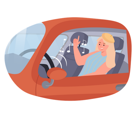 Woman listing song while driving  Illustration