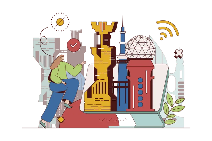 Woman lives in smart city with hi tech infrastructure and wireless technologies  Illustration