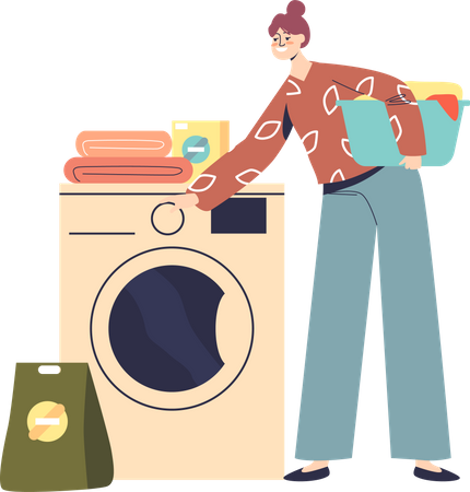 Woman loading wash machine to clean clothes Illustration