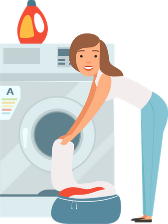 Woman loading wash machine to clean clothes  Illustration