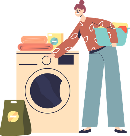 Woman loading wash machine to clean clothes  Illustration