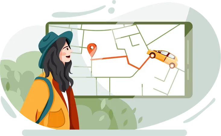Woman Locating taxi route from digital map  イラスト