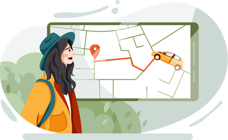 Woman Locating taxi route from digital map  Illustration