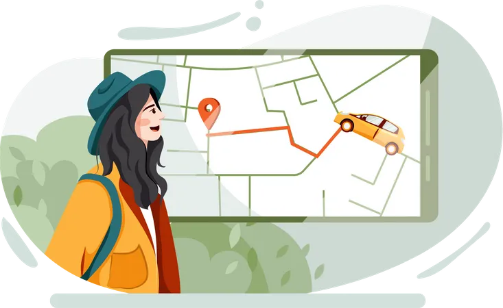 Woman Locating taxi route from digital map  Illustration