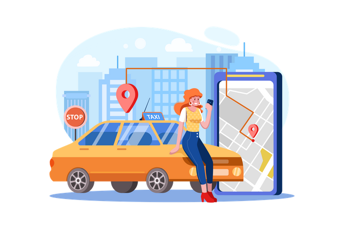 Woman Locating taxi route from digital map  Illustration