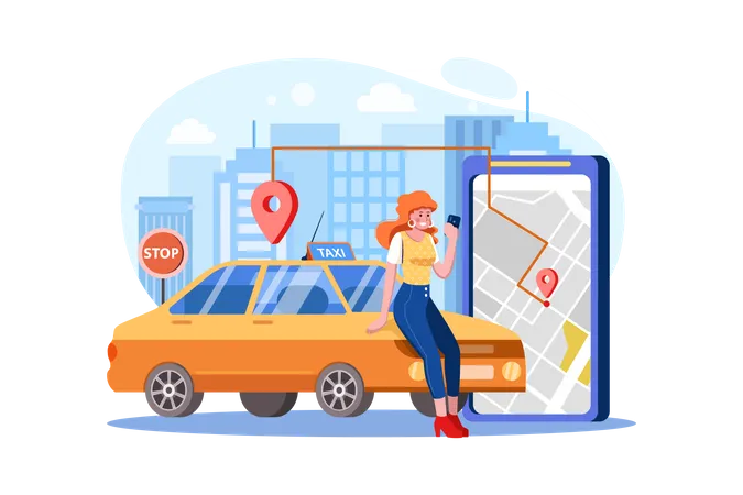 Woman Locating taxi route from digital map  Illustration