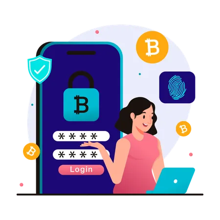 Woman logging into bitcoin wallet account from laptop and smartphone  Illustration