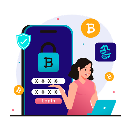 Woman logging into bitcoin wallet account from laptop and smartphone  Illustration