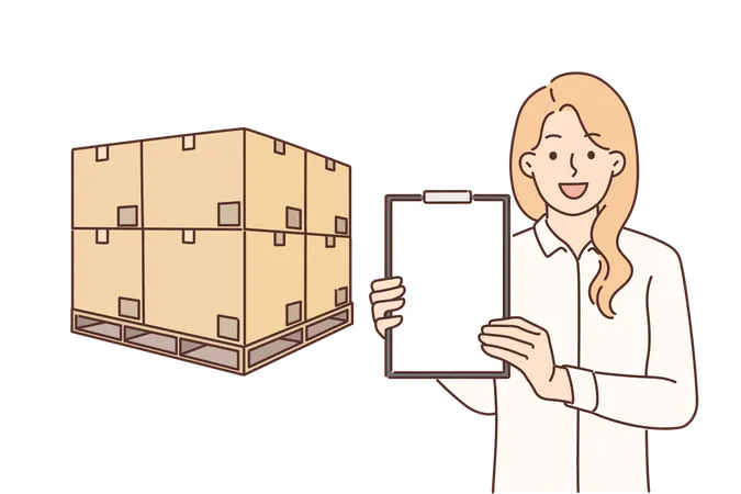 Woman Logistician Stands Near Boxes Placed On Pallet And Demonstrates Empty Clipboard Advertising Services Of Transport Company Girl Logistician Or Storekeeper Offers To Use Delivery Services Illustration