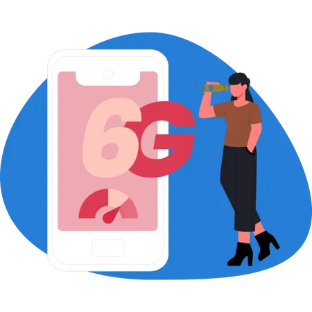 Woman looking 6G in smartphone  Illustration