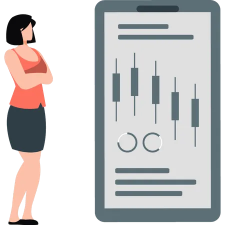 Woman looking analytic graph on laptop  Illustration