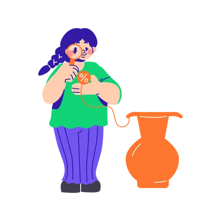 Woman Looking At A Discount Through A Magnifying Glass  イラスト
