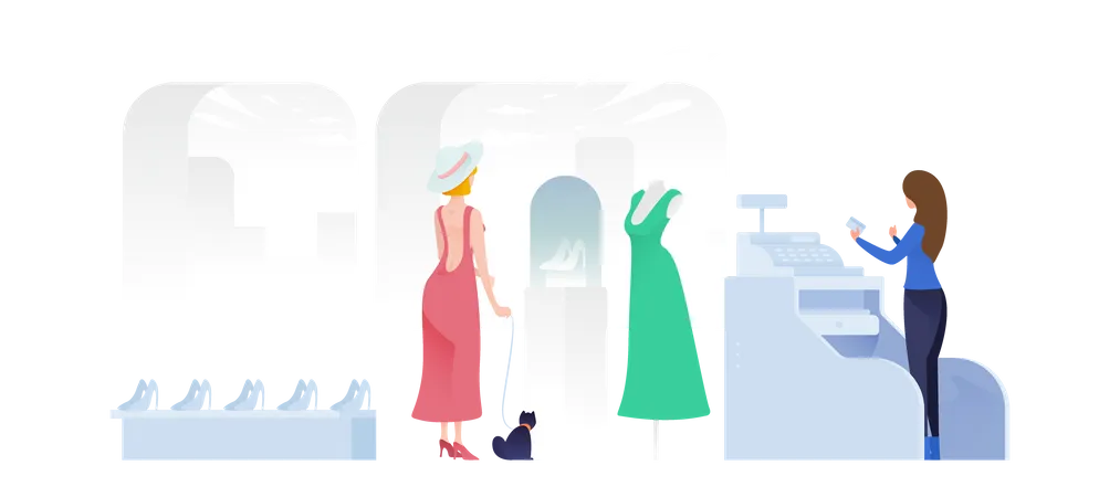 Woman Looking At A Dress And Shoes In Store Illustration