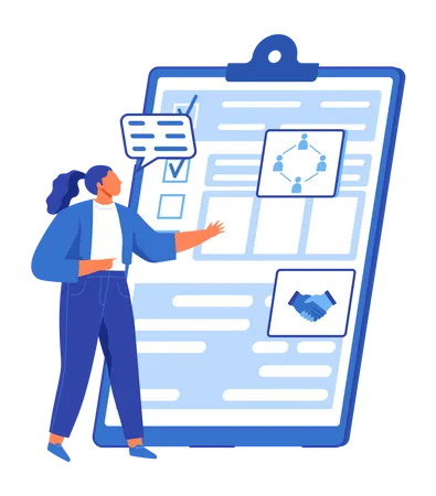 Woman Looking At Checklist With Results Of Social Surveys Customer Data Lady Talking Next To Clipboard With Document Person Working With Task Done List And Check Mark Ticks On Paper Sheet Illustration
