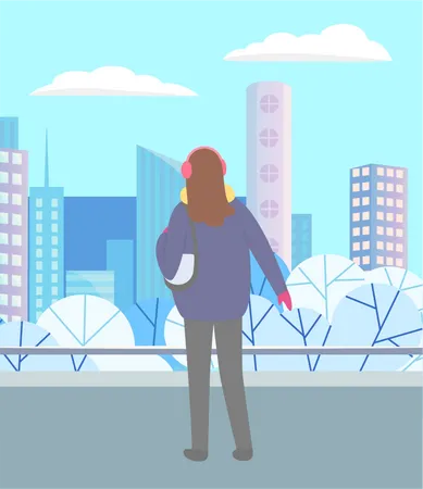 Woman looking at city during winter  Illustration