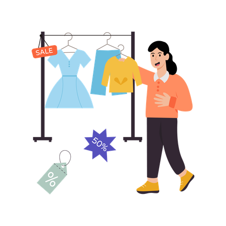 Woman Looking At Clothes Sale  Illustration