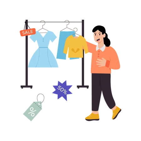 Woman Looking At Clothes Sale  Illustration