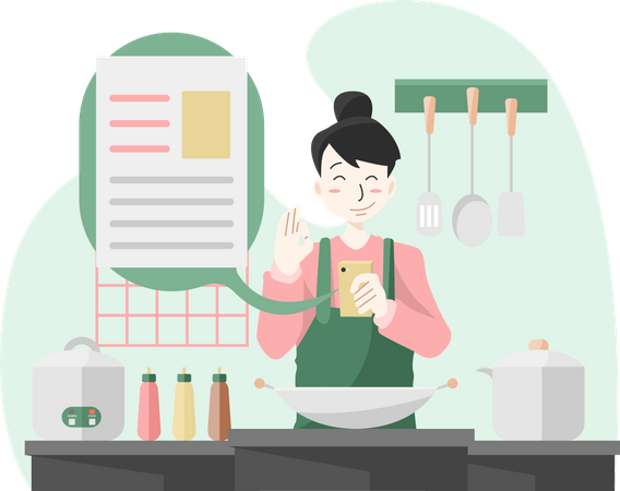 Woman looking at cooking recipe Illustration