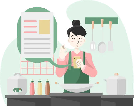 Woman looking at cooking recipe Illustration