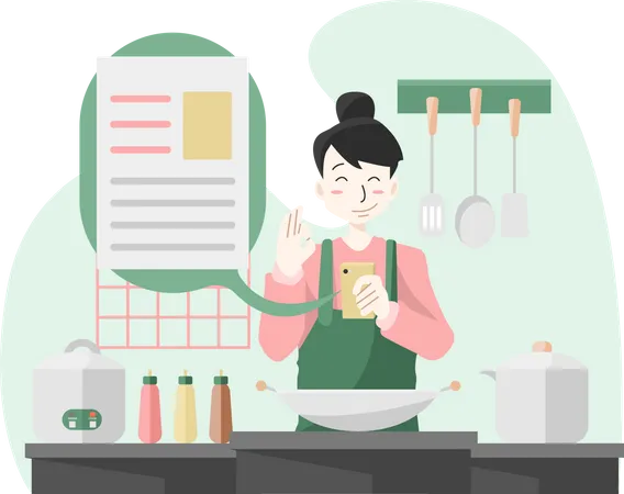 Woman looking at cooking recipe  Illustration