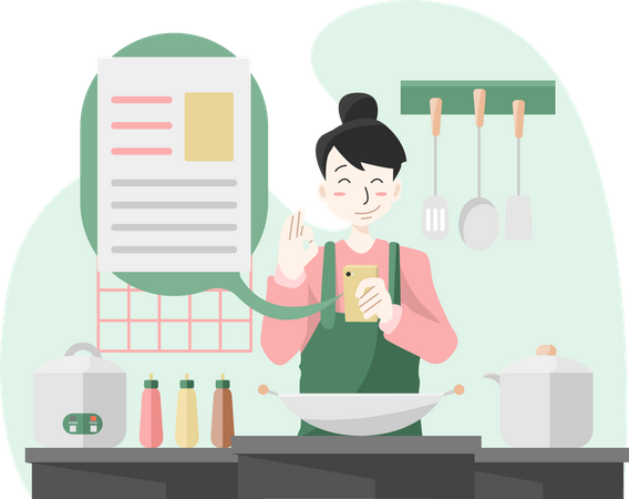 Woman looking at cooking recipe  イラスト