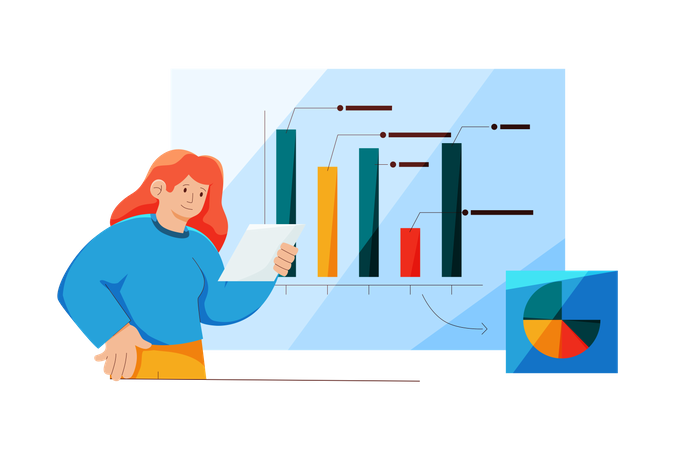 Woman looking at data analytics  Illustration