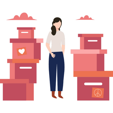 Woman looking at donation boxes  Illustration