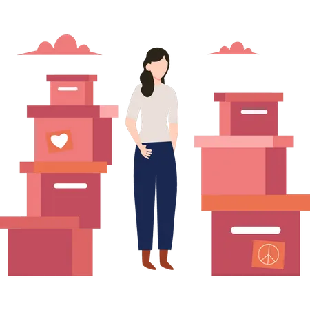 Woman looking at donation boxes  Illustration