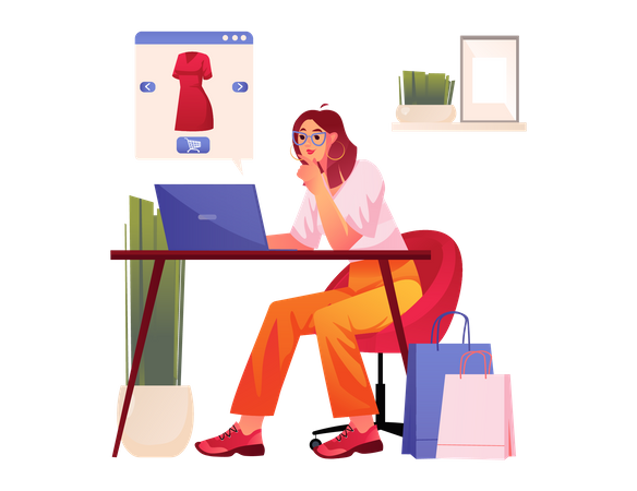 Woman looking at dress on Ecommerce site Illustration