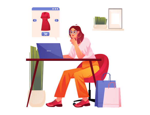 Woman looking at dress on Ecommerce site  Illustration