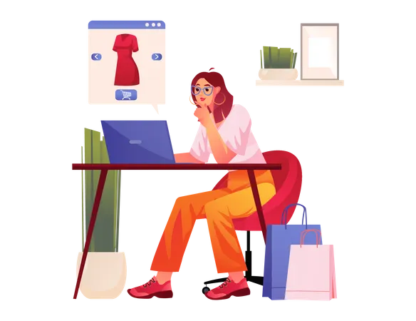 Woman looking at dress on Ecommerce site  Illustration