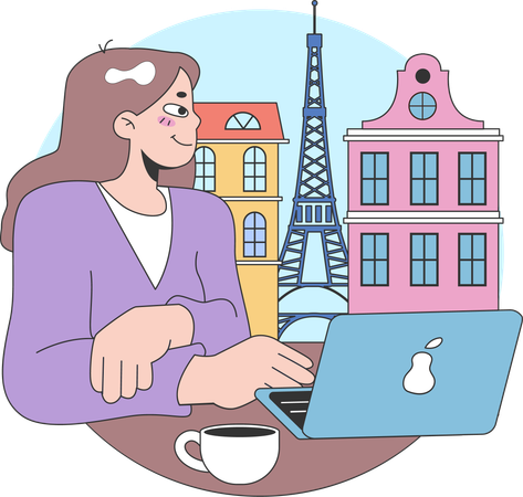 Woman looking at Eiffel Tower from cafe  Illustration