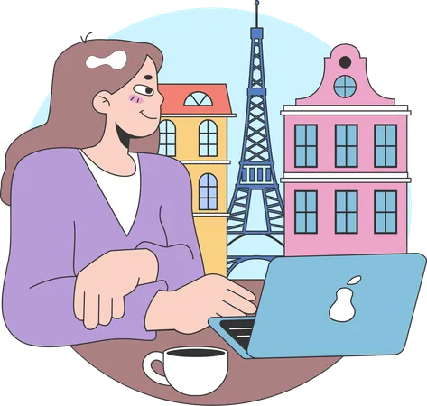 Woman looking at Eiffel Tower from cafe  Illustration