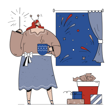Woman looking at fireworks through window Illustration
