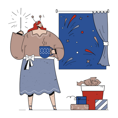 Woman looking at fireworks through window  Illustration