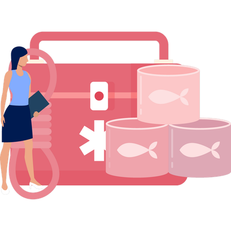 Woman Looking At First Aid Box  イラスト