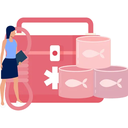 Woman Looking At First Aid Box  Illustration