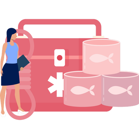 Woman Looking At First Aid Box  Illustration