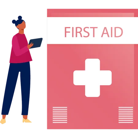 Woman Looking At First Aid Kit  일러스트레이션