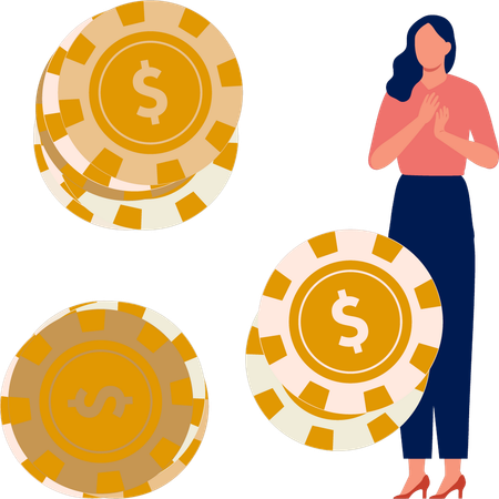 Woman looking at gambling chips  Illustration