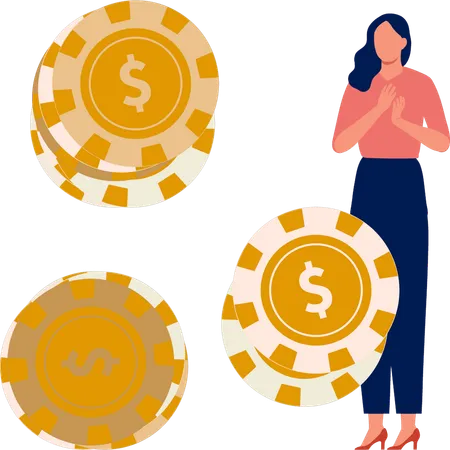 Woman looking at gambling chips  Illustration