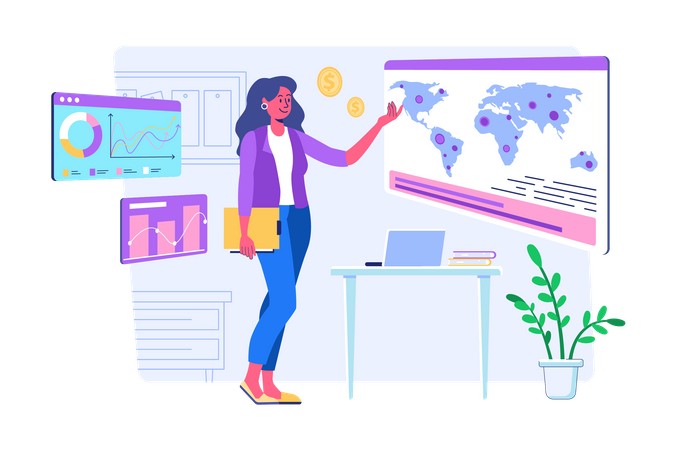 Woman looking at global statistics  Illustration