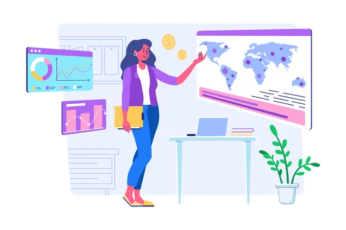 Woman looking at global statistics  Illustration