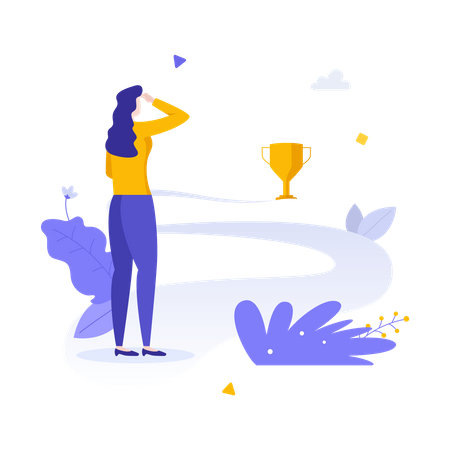 Woman looking at golden goblet or champion cup at end of road Illustration